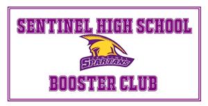 Logo with a yellow and purple spartan and the words Sentinel High School Booster Club Logo with a yellow and purple spartan and the words Sentinel High School Booster Club