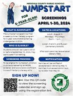 Jumpstart flyer with a student wearing blue jean overalls jumping in the air.