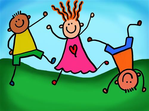 Cartoon Drawing of three children playing outside 