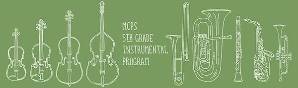 green banner with white instrument icons - trumpet, sax, clarinet